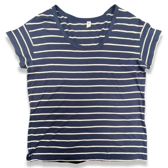 Navy Blue and White Striped Top, Scoop Neck Short Sleeve Tee, Cotton Modal Blend - Picture 1 of 12